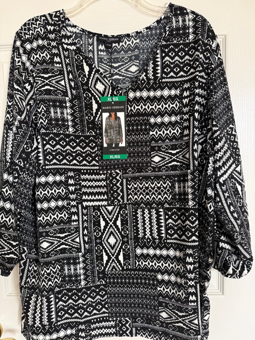 New! Mario Serrani Black & White Geometric Patchwork Tunic, Size XL